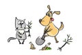 Funny ÃÂ¡at with a seedling and a dog with a shovel plant in the